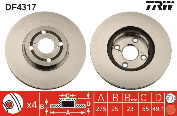 Тормозной Диск перед Лев/Прав *TRW* Toyota Corolla Ø275mm |--->DF4317 / ABS - 17544