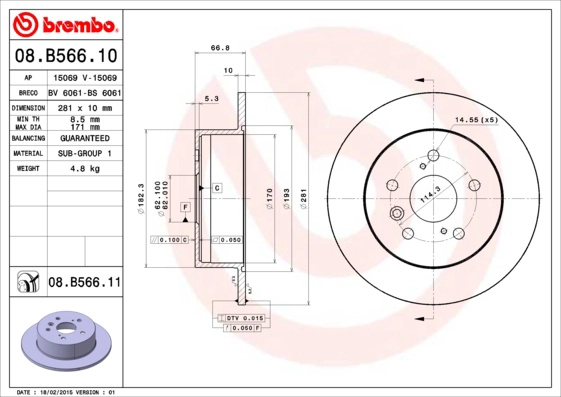 Диск тормозной задн. Лев/Прав *BREMBO* LEXUS ES, TOYOTA |--->08.B566.11 / TRW->DF6176