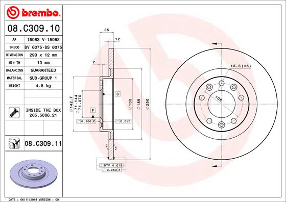 Тормозной Диск задн. Лев/Прав *BREMBO* DS, C5 X |--->08.C309.11 / TRW->DF6667