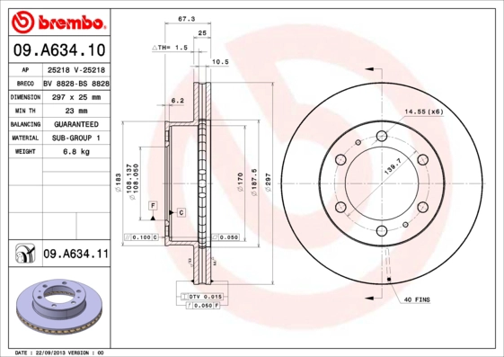 Тормозной Диск перед Лев/Прав *BREMBO* Toyota Hilux 05- Ø297 |--->09.A634.10 / TRW->DF4917